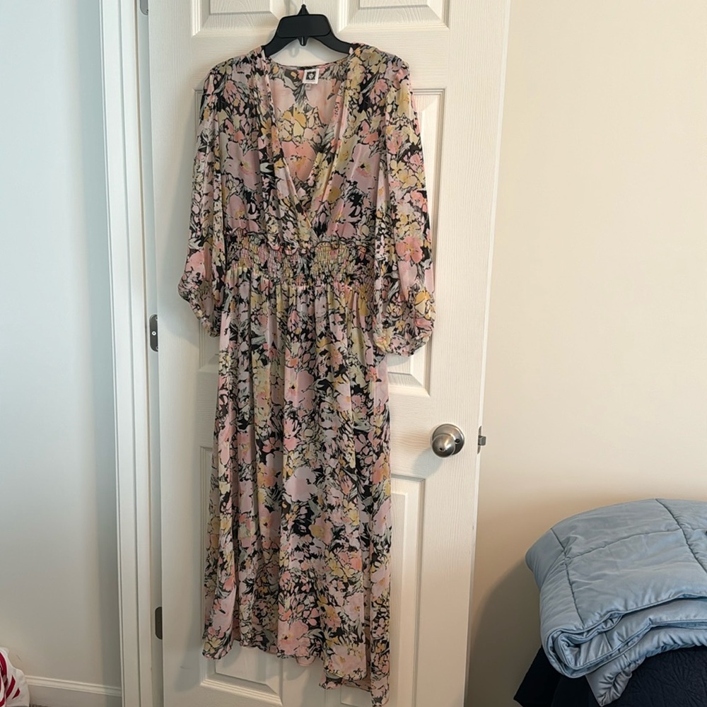 Anne Klein floral maxi dress - black, pink, yellow, coral - size 16